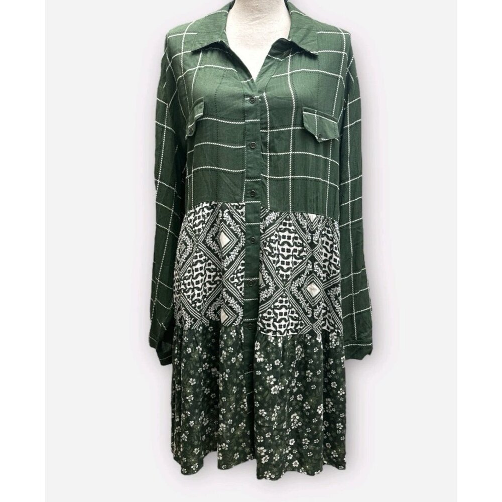Truself Womans Dress Tunic 2X Boho Mixed Print‎ Button-Down Green Multi-Pattern - Picture 2 of 10
